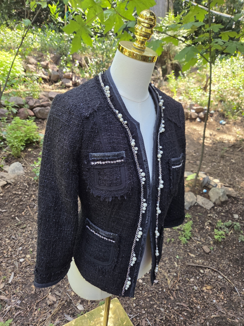 White House Black Market‎ Black Tweed Pearl Trim Jacket Size 6 - Picture 8 of 11